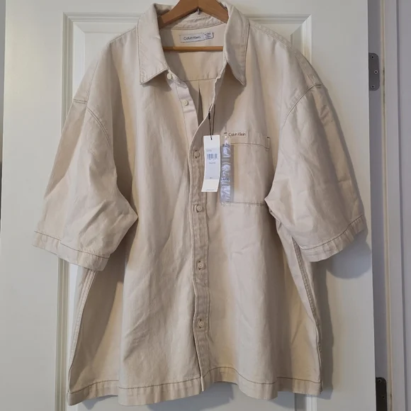 Calvin Klein Button Up Camp Shirt Collared Shortsleeve Mens XXL Cream Cotton - Picture 3 of 7